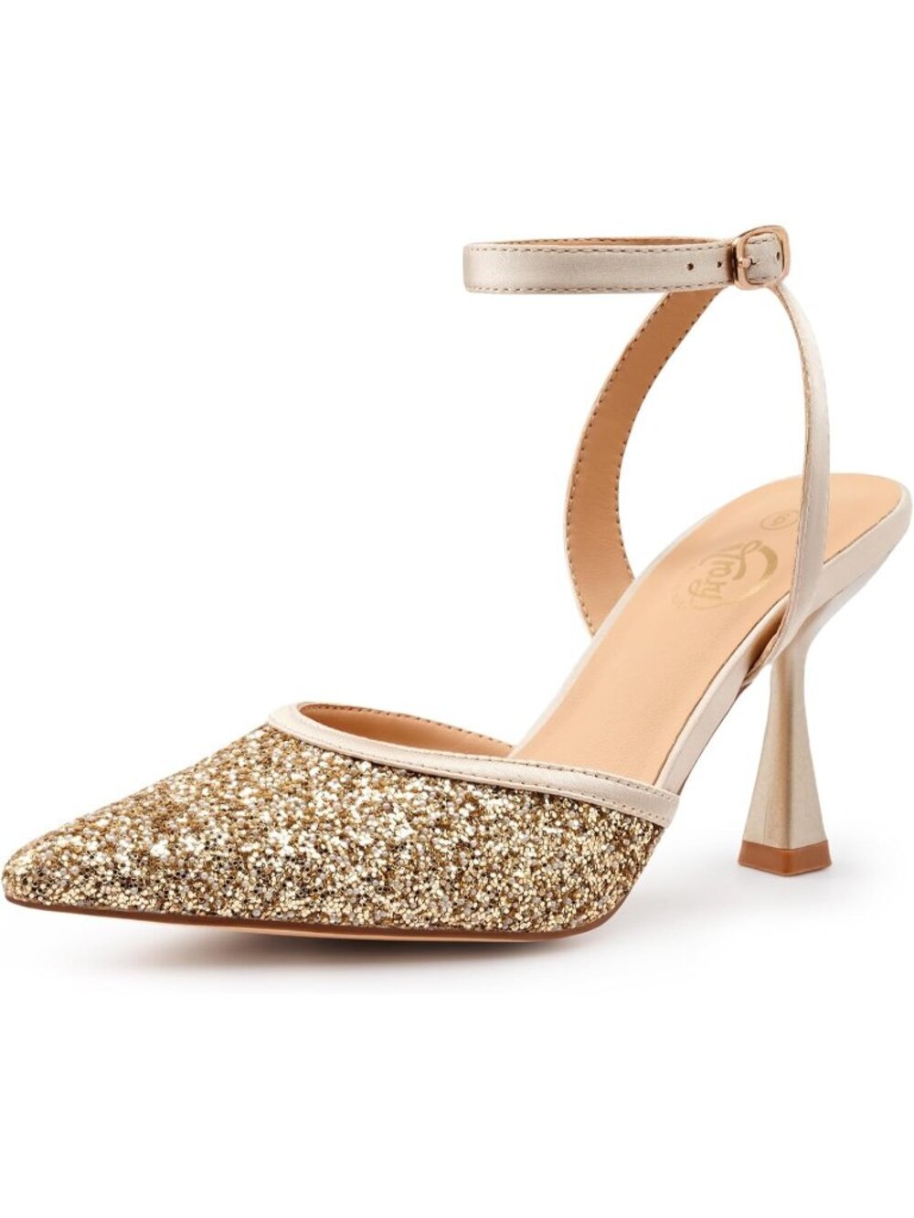 Women's Gold Slingback Pointed Toe Stiletto Heels Ankle Strap Dress Shoes